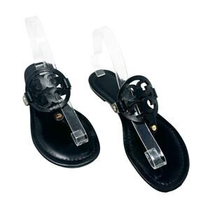 Tory Burch Miller Black Matte Leather Logo Medallion Flat Sandals Size 8